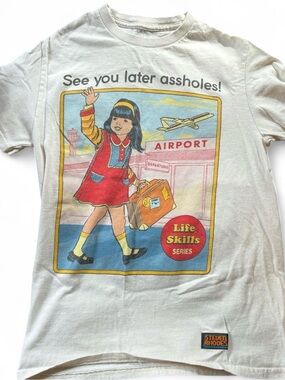 Steven Rhodes Spencers Collab “See you later” graphic cream travel tee shirt